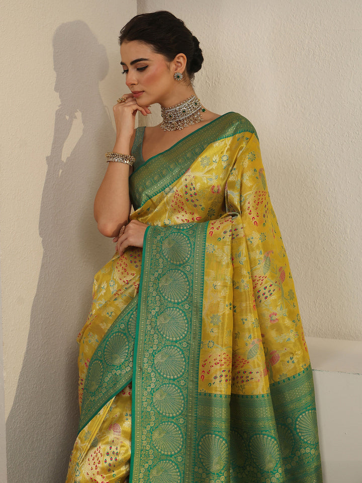 Libas Mustard and Green Floral Woven Design Silk Blend Saree