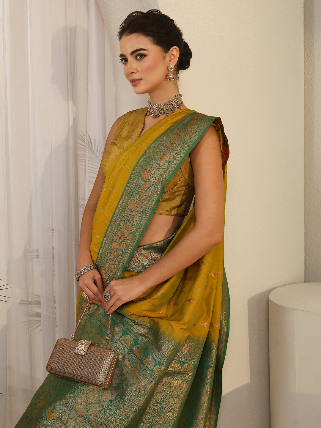 Libas Mustard and Green Woven Design Silk Blend Saree