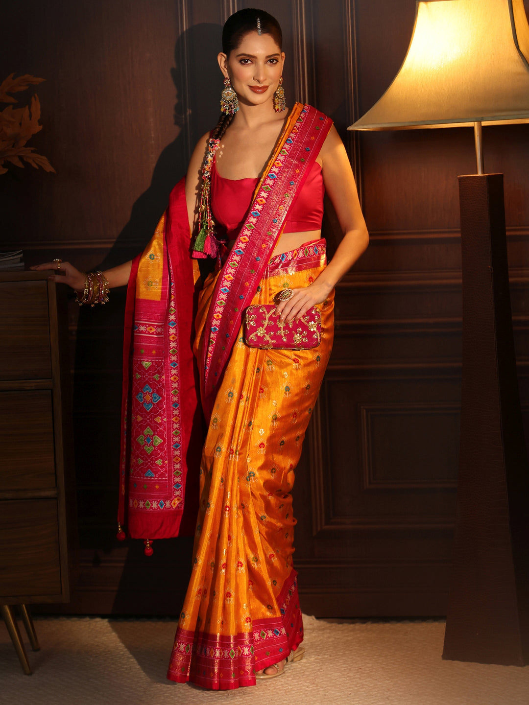 Libas Mustard and Pink Ethnic Printed Silk Blend Saree