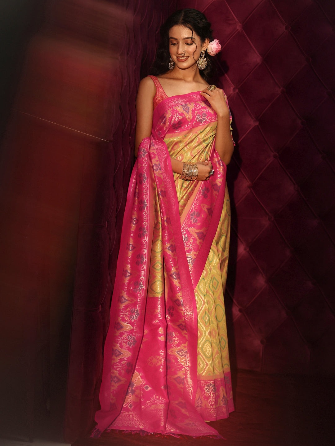 Libas Mustard and Pink Ethnic Woven Design Silk Blend Saree