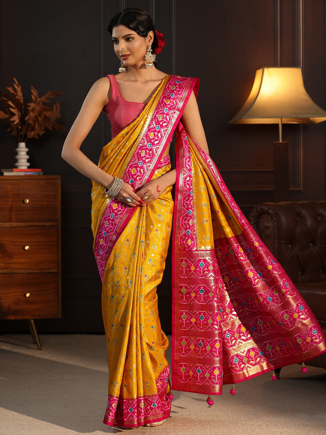 Libas Mustard and Pink Pochampally Ikat Silk Blend Saree