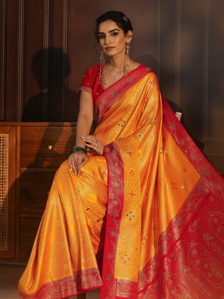 Libas Mustard and Red Ethnic Woven Design Silk Blend Saree