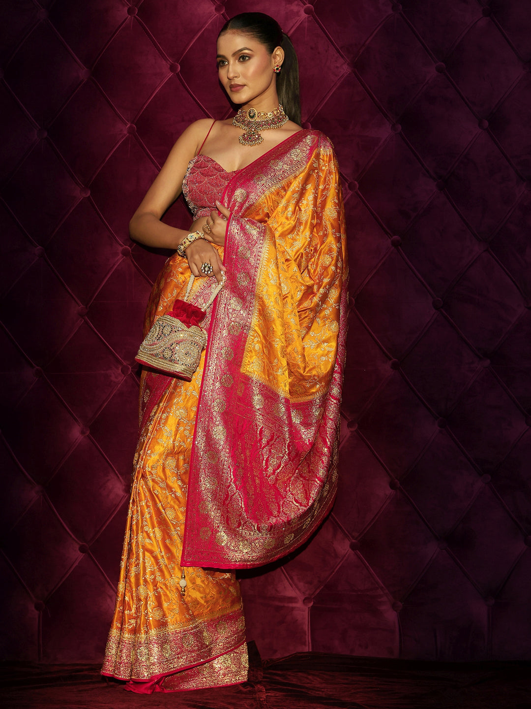 Libas Mustard and Red Floral Woven Design Satin Saree with Embellishments