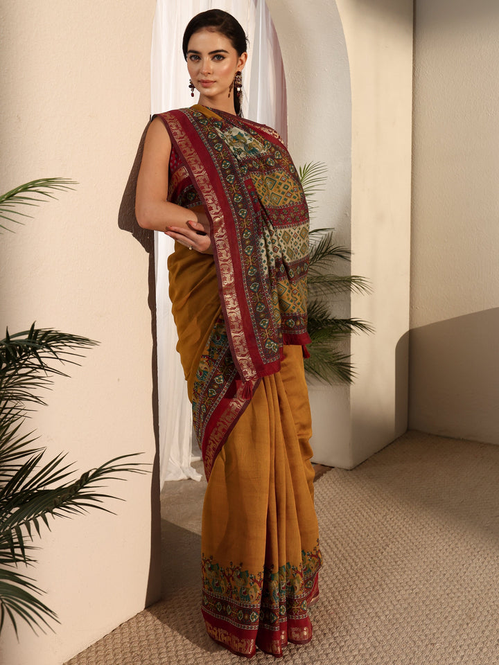 Libas Mustard and Red Printed Silk Blend Tassel Saree