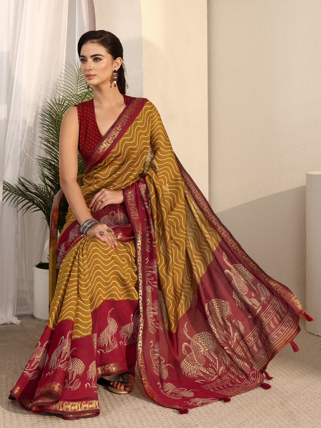 Libas Mustard and Red Wavy Stripe Printed Silk Blend Tassel Saree