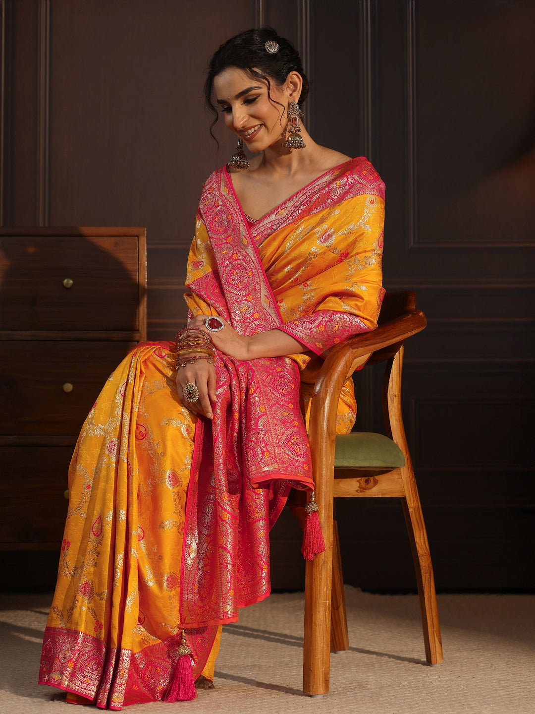 Libas Mustard and Red Woven Design Silk Blend Saree