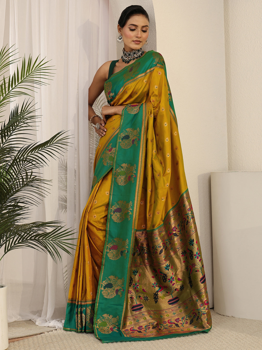 Libas Mustard and Sea Green Silk Blend Paithani Saree