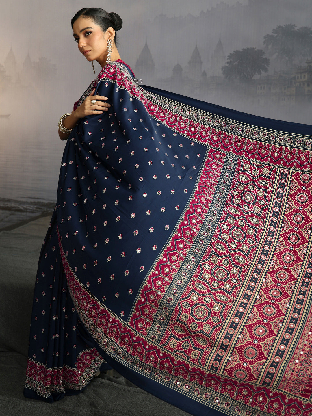 Libas Navy Ajrakh Print Mirror Work Satin Saree