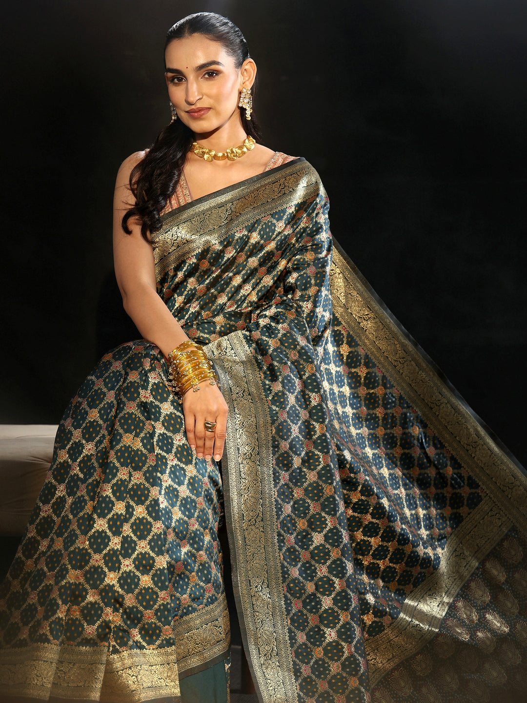 Libas Navy Blue Banarasi Silk Blend Saree