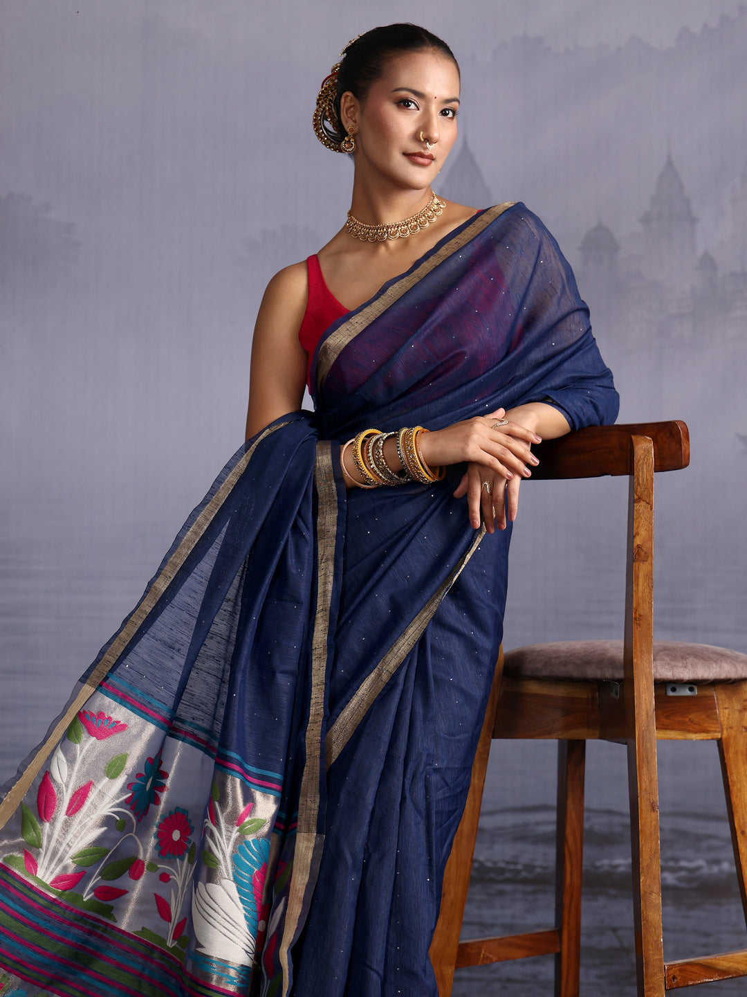 Libas Navy Blue Cotton Blend Saree with Floral Woven Design Pallu