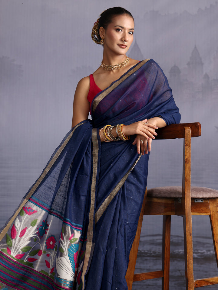 Libas Navy Blue Cotton Blend Saree with Floral Woven Design Pallu