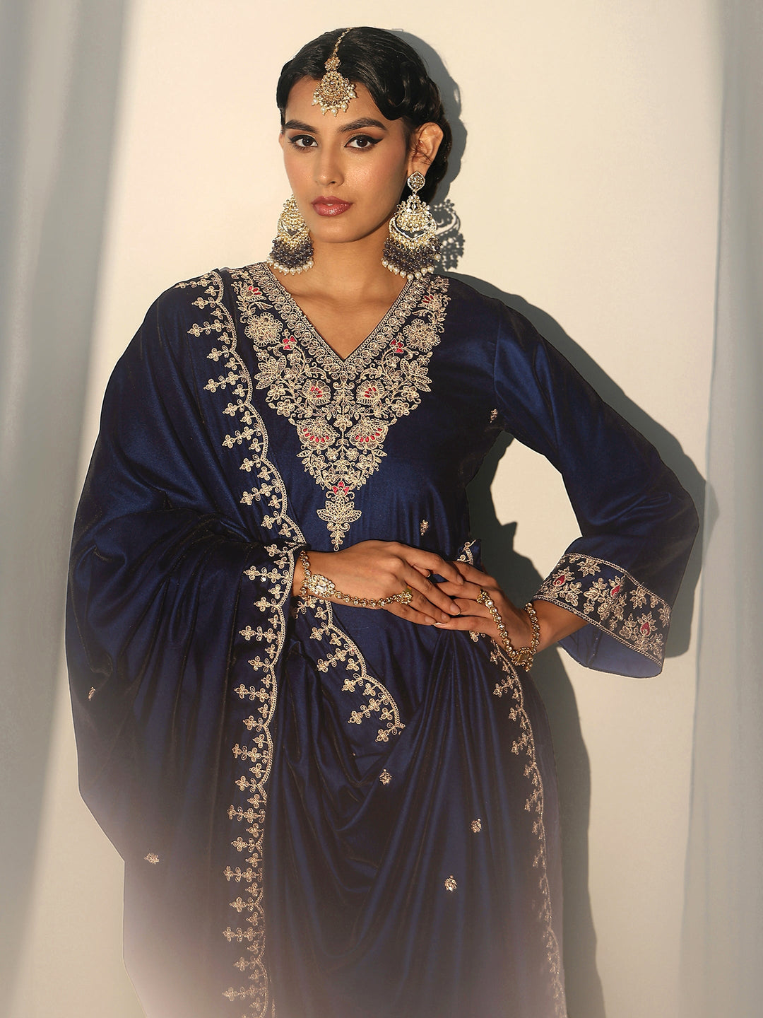 Libas Navy Blue Embroidered Velvel Straight Suit Set