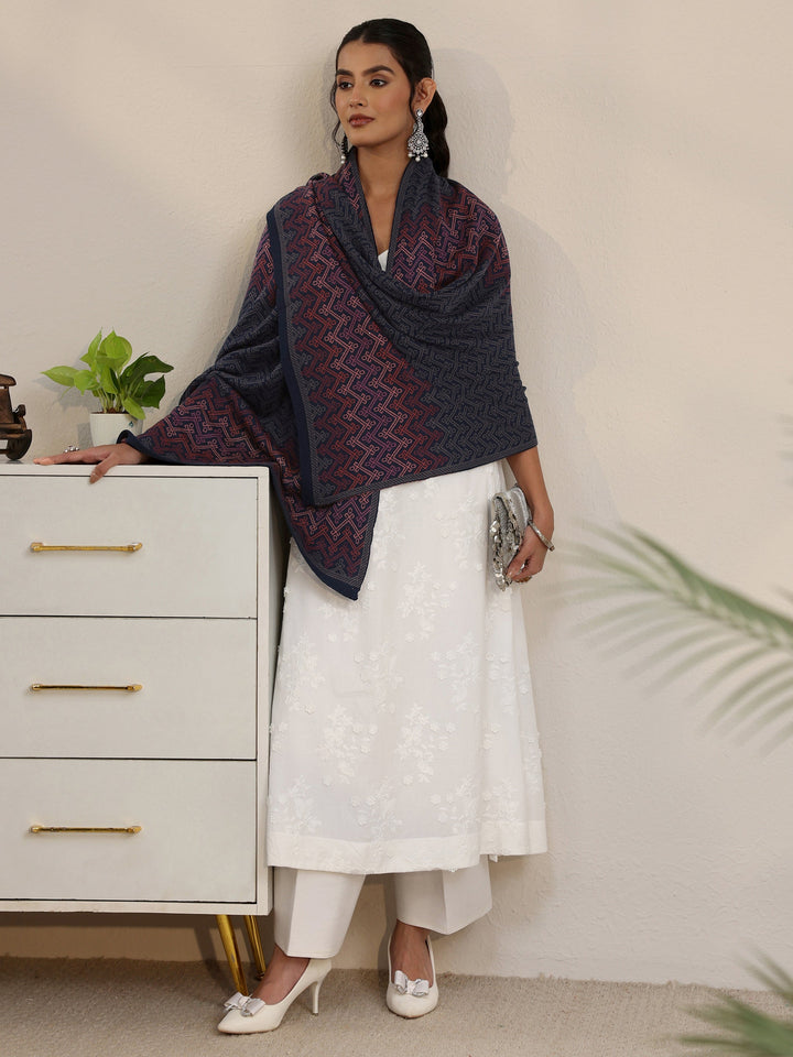 Libas Navy Blue Ethnic Embroidered Acrylic Shawl