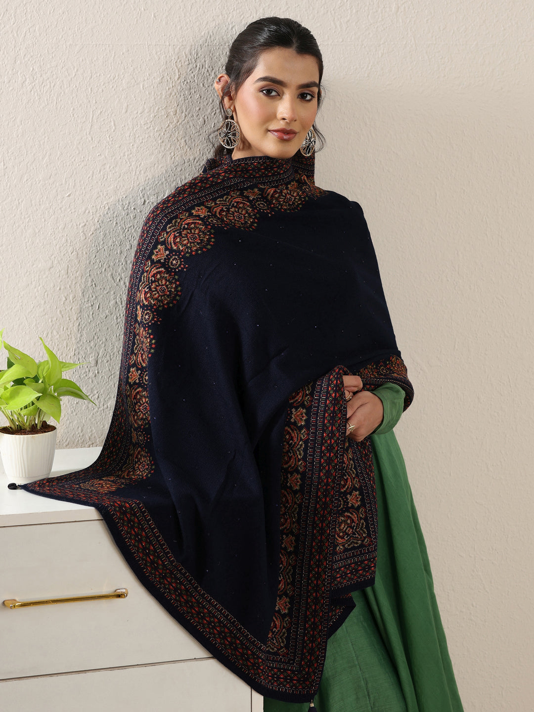 Libas Navy Blue Ethnic Knitted Acrylic Wrap Shawl