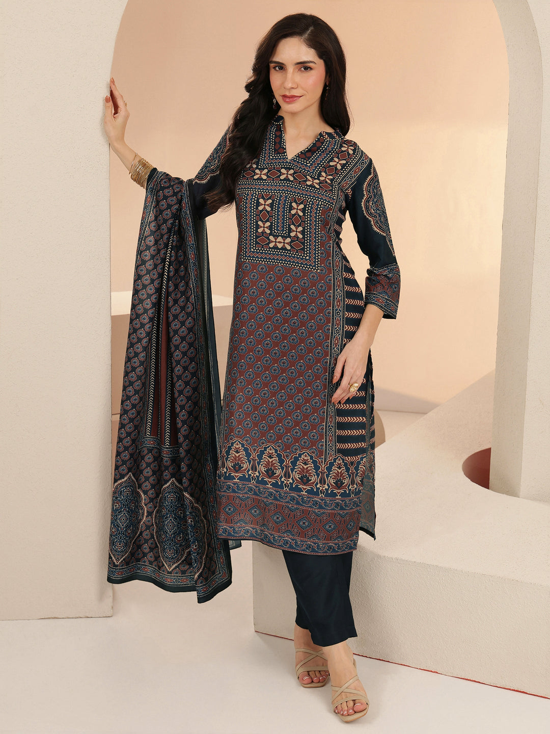 Libas Navy Blue Ethnic Print Cotton Blend Straight Suit Set
