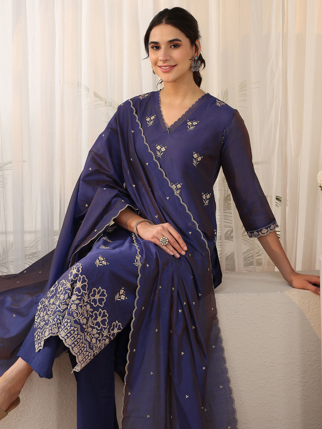 Libas Navy Blue Floral Embroidered Chanderi Silk Straight Suit Set