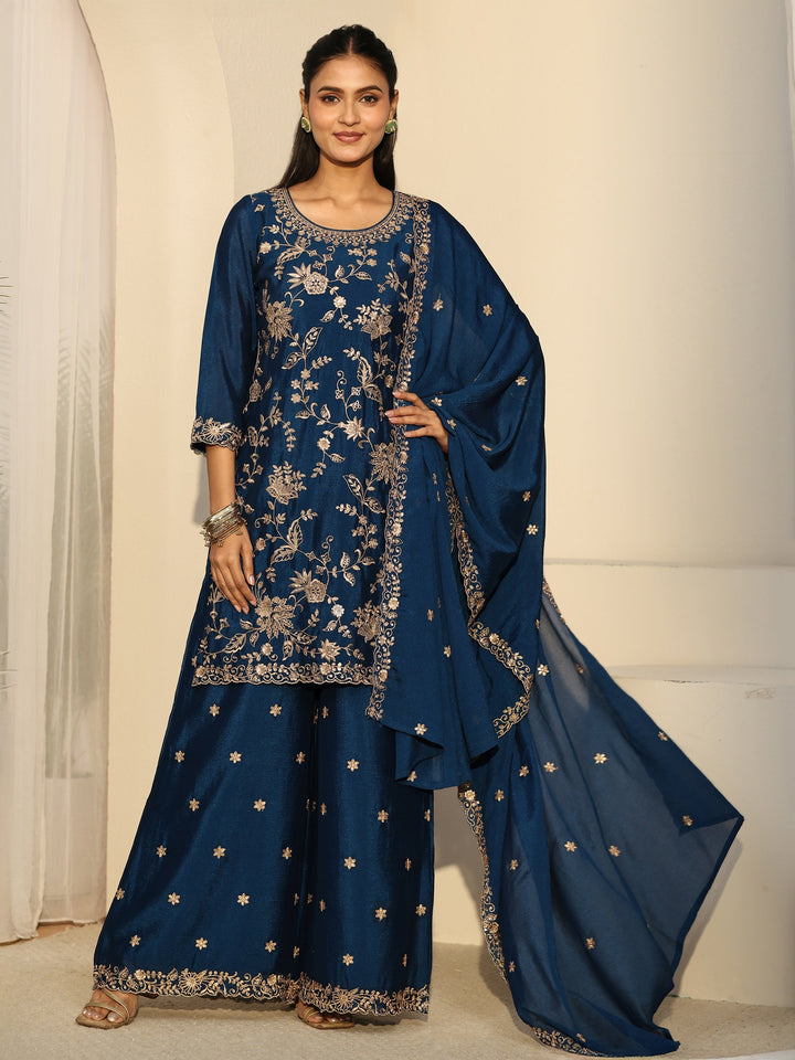 Libas Navy Blue Floral Embroidered Chinon Palazzo Suit Set