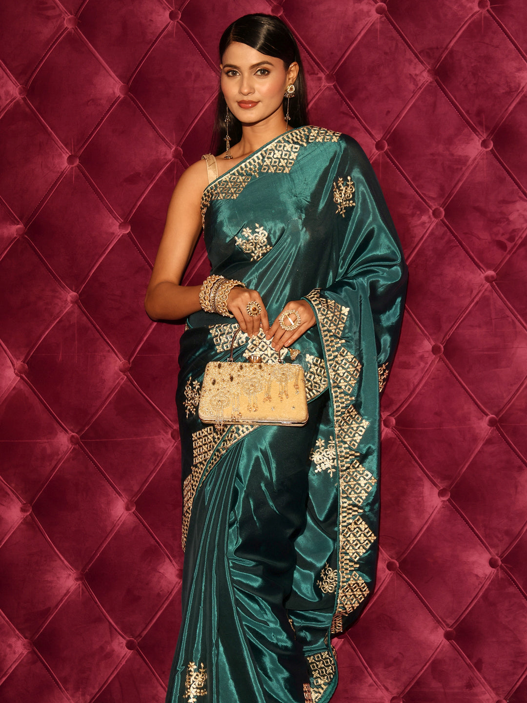 Libas Navy Blue Floral Embroidered Satin Saree