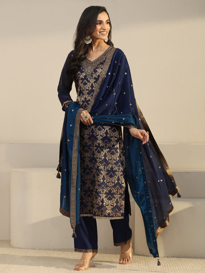 Libas Navy Blue Floral Embroidered Silk Blend Straight Suit Set
