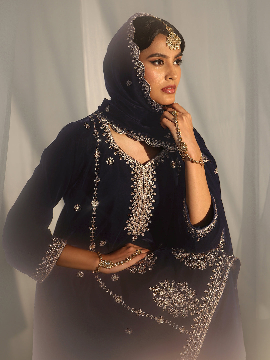 Libas Navy Blue Floral Embroidered Velvet Straight Suit Set