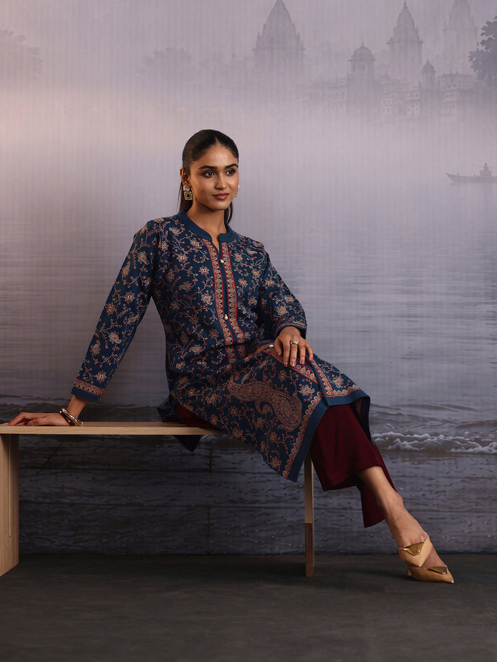 Libas Navy Blue Floral Embroidered Woolen Straight Kurta