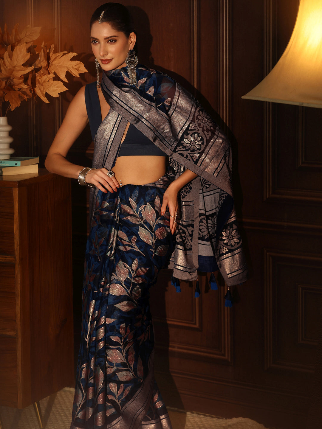 Libas Navy Blue Floral Foil Printed Silk Blend Saree
