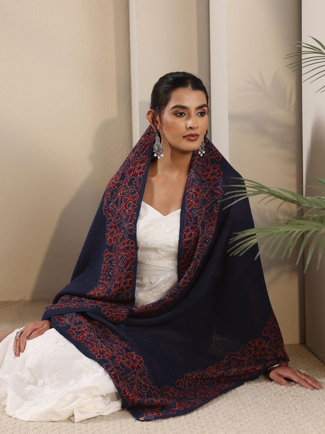 Libas Navy Blue Floral Mesh Knitted Acrylic Wrap Shawl