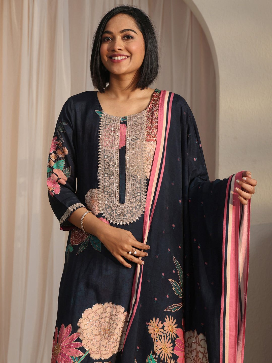 Libas Navy Blue Floral Printed Muslin Straight Suit Set
