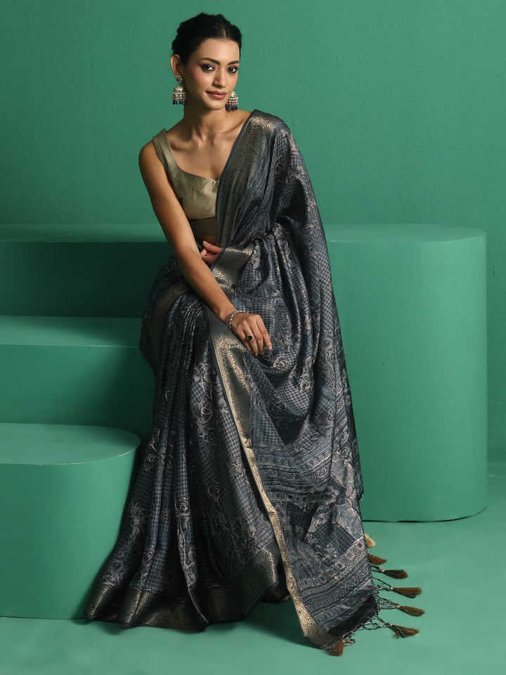 Libas Navy Blue Floral Printed Silk Blend Saree with Woven Design Border