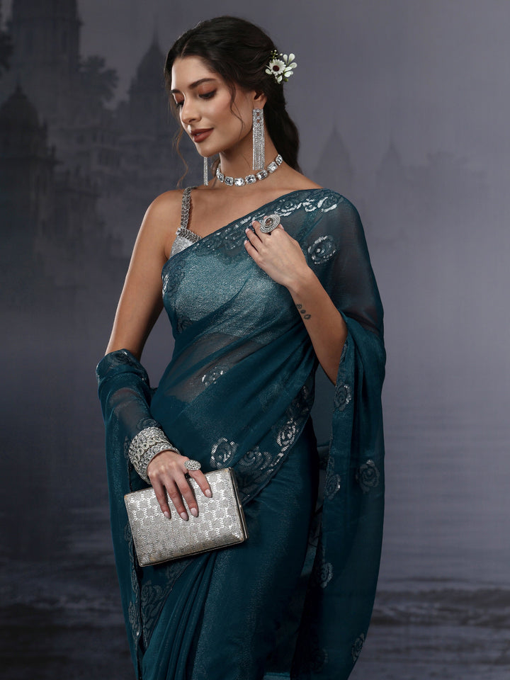 Libas Navy Blue Floral Sequin Embellished Tissue Saree