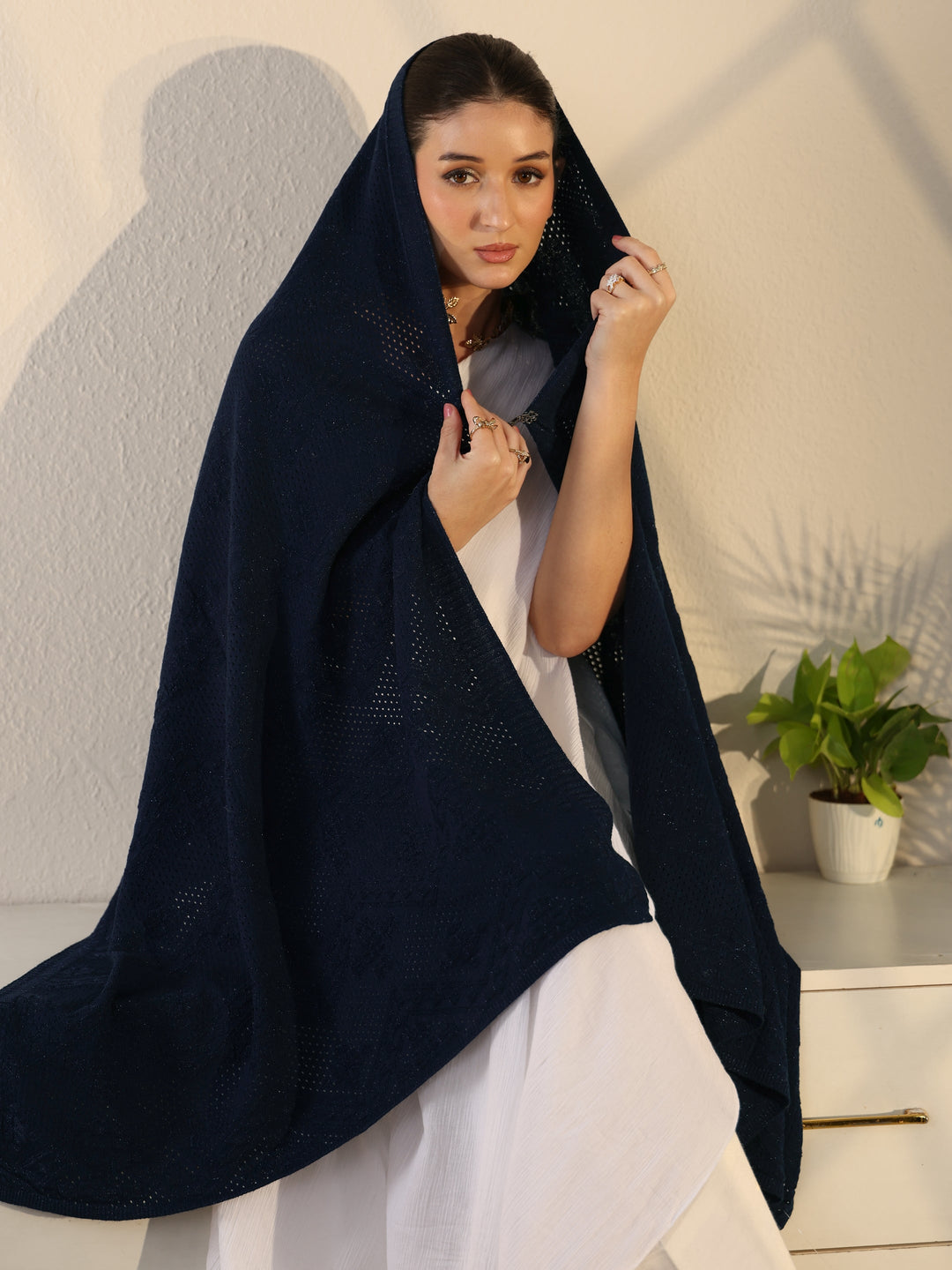 Libas Navy Blue Knitted Acrylic Wrap Shawl