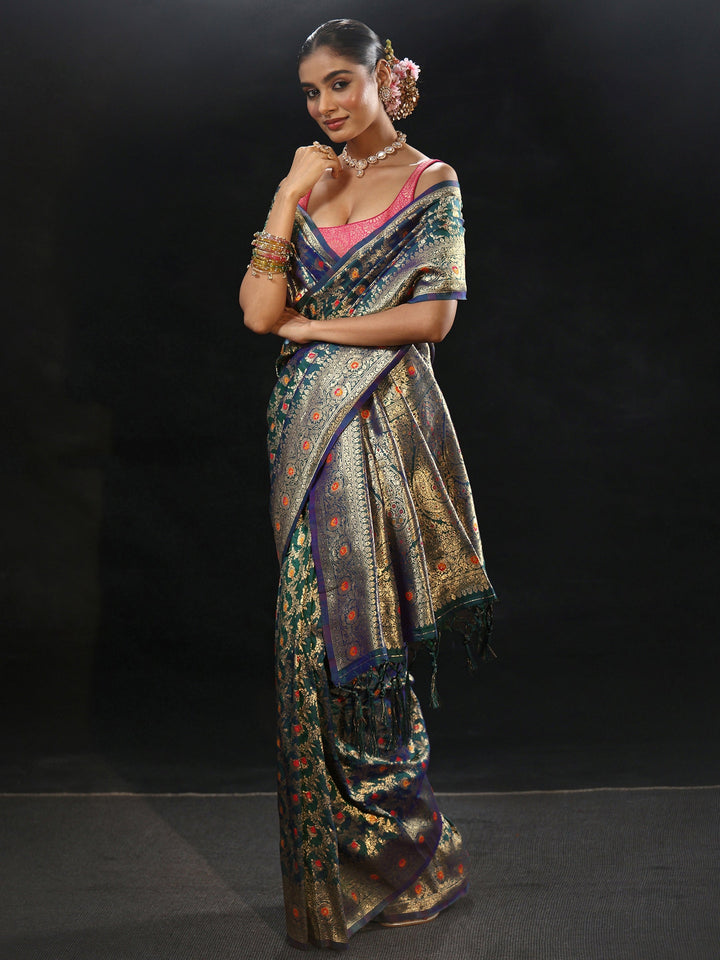 Libas Navy Blue Meenakari Banarasi Silk Blend Saree