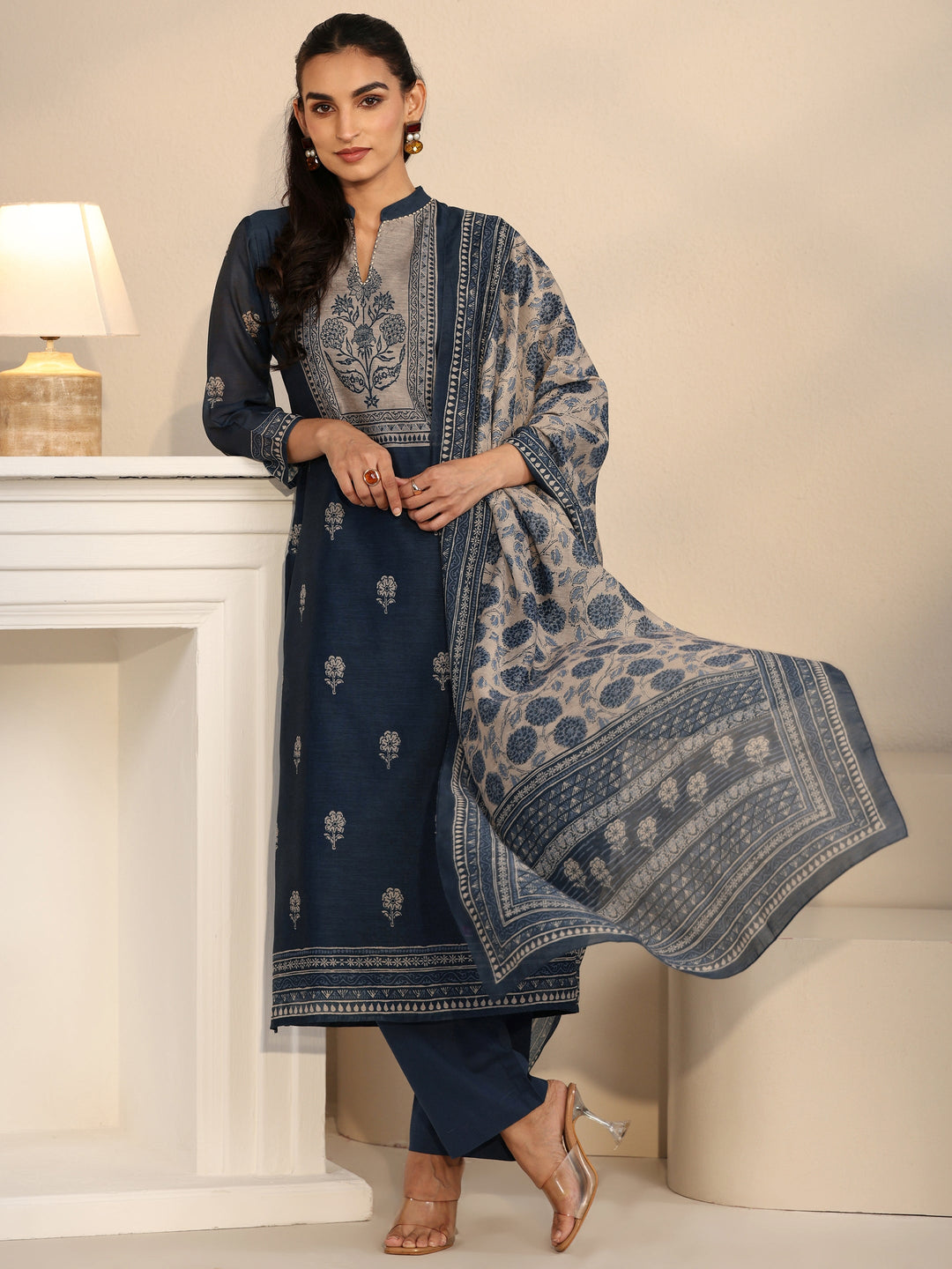 Libas Navy Blue Printed Yoke Chanderi Silk Straight Suit Set