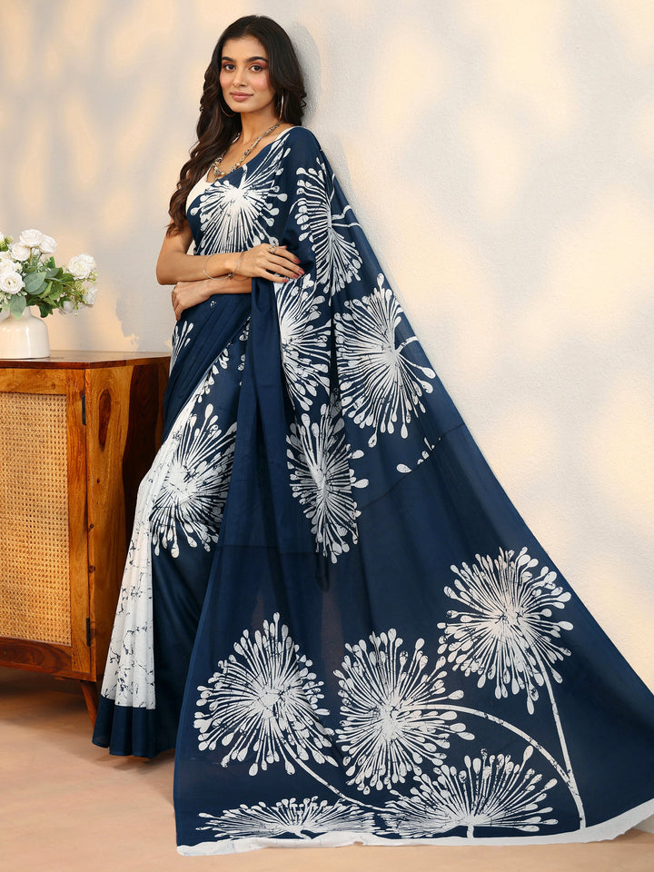 Libas Navy Blue Screen Printed Cotton Saree