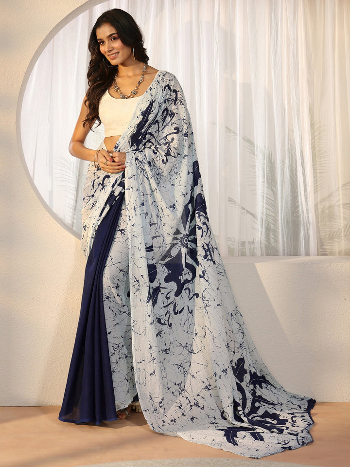 Libas Navy Blue Screen Printed Saree