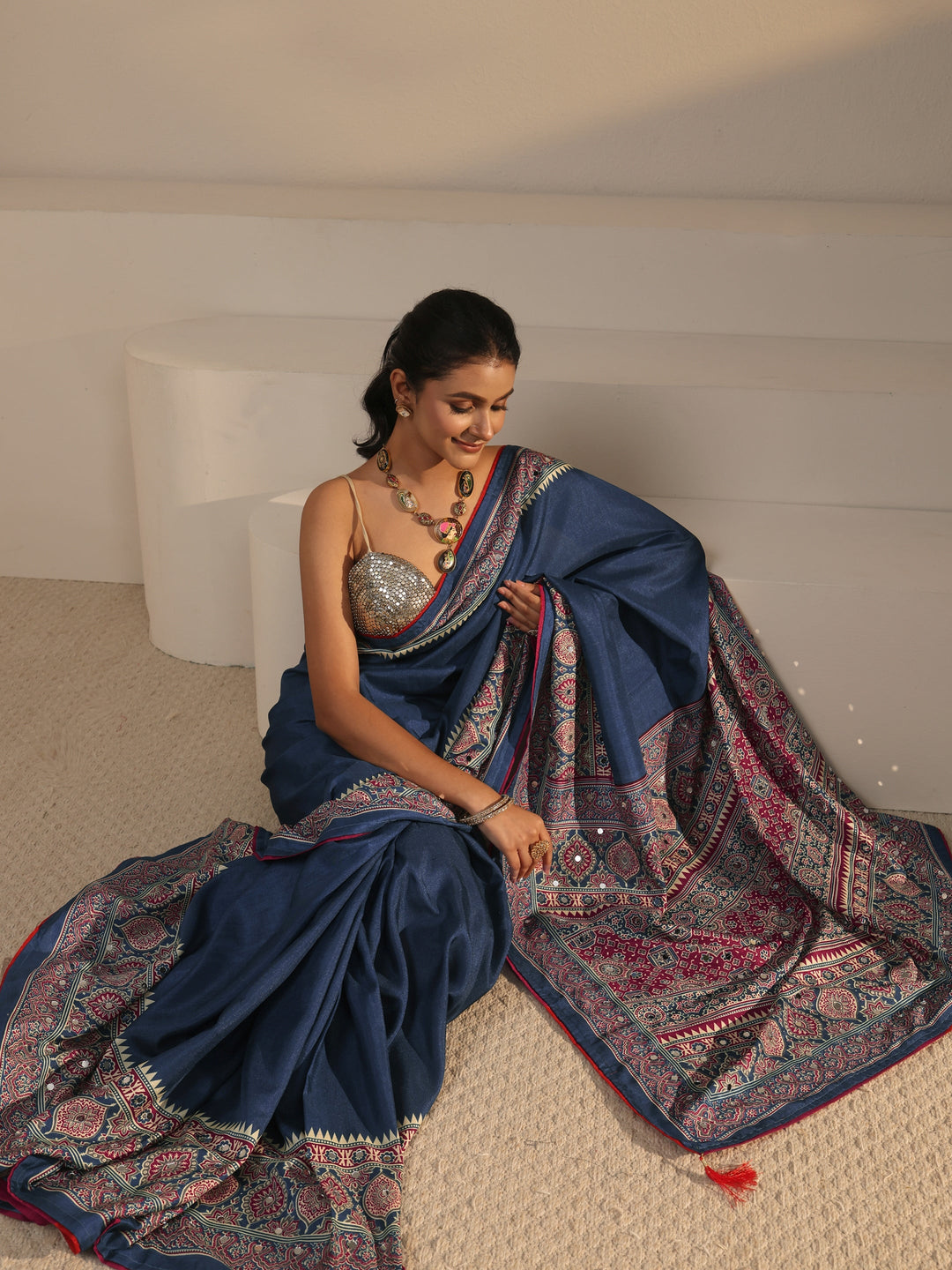 Libas Navy Blue Silk Blend Saree with Ajrakh Printed Pallu