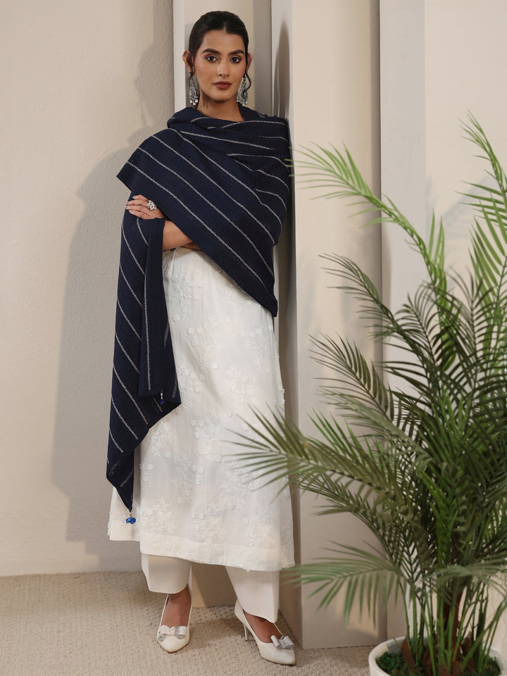 Libas Navy Blue Striped Embroidered Acrylic Wrap Shawl