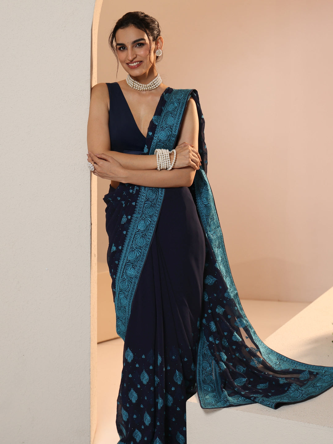 Libas Navy Georgette Saree with Embroidered Border