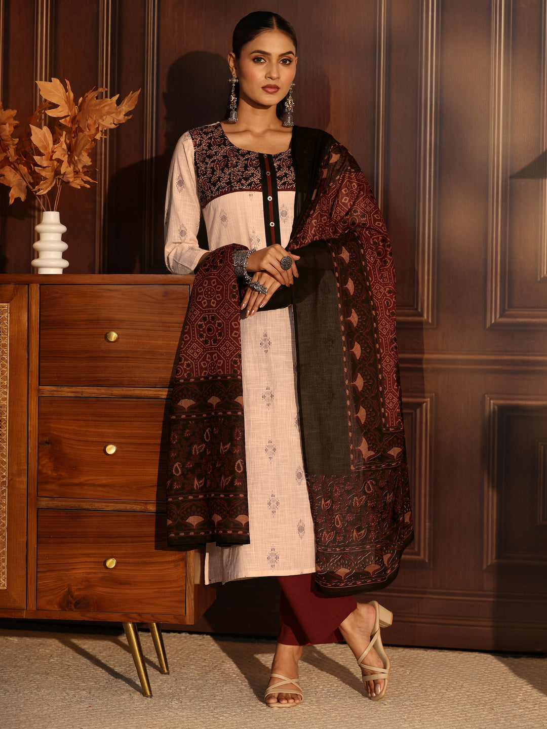 Libas Off White Embroidered Cotton Blend Straight Suit Set