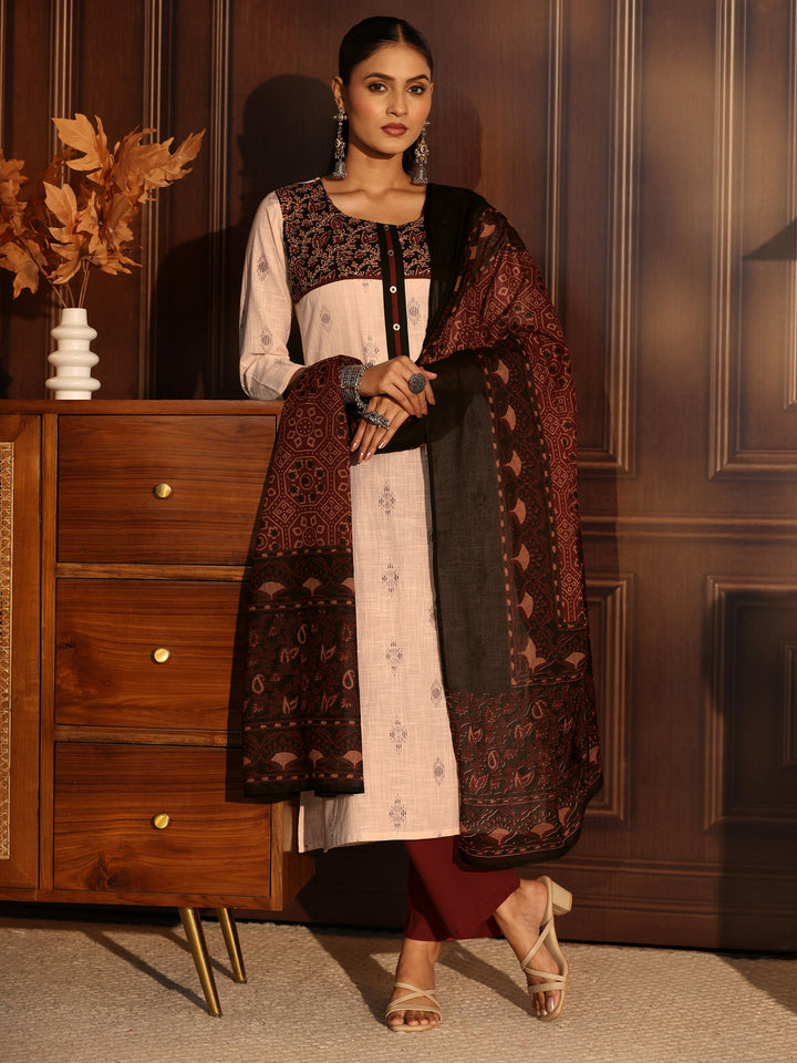 Libas Off White Embroidered Cotton Blend Straight Suit Set