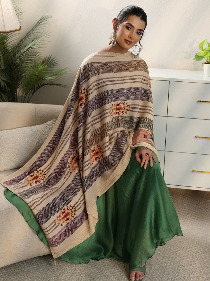 Libas Off White Ethnic Embroidered Acrylic Wrap Shawl