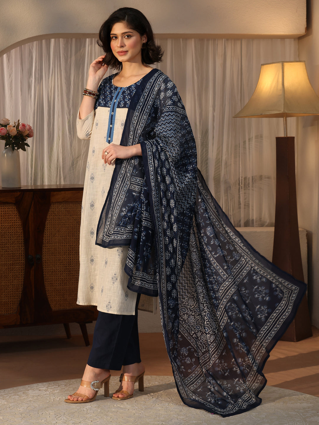 Libas Off White Ethnic Printed Cotton Blend Straight Suit Set
