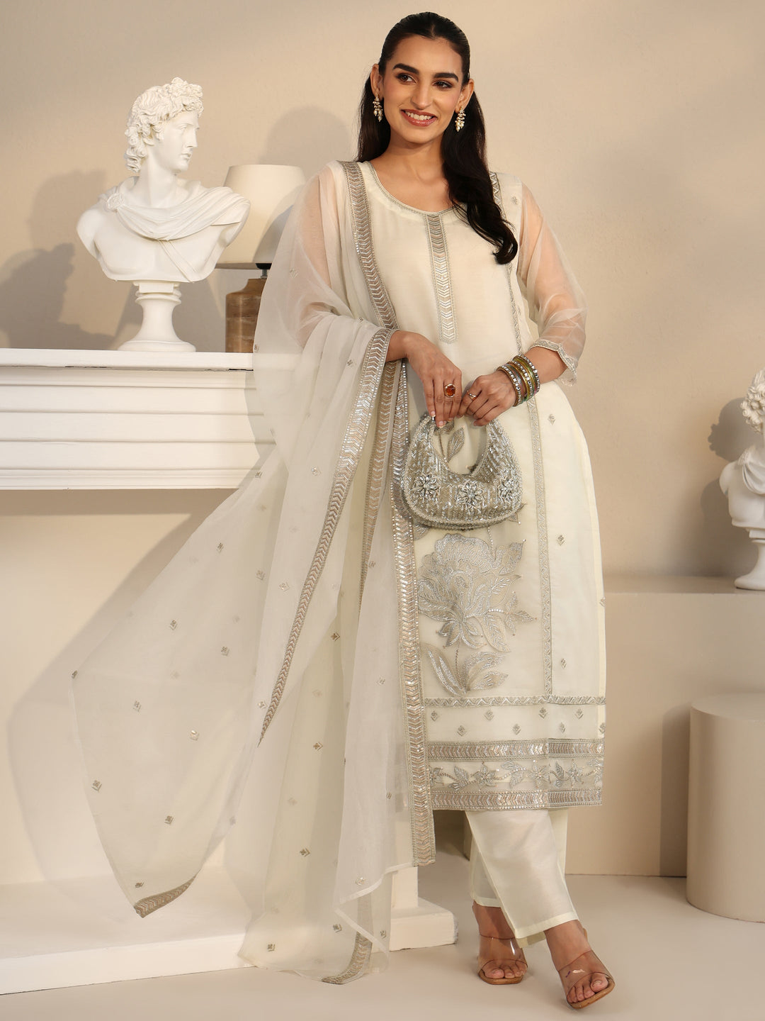 Libas Off White Floral Embellished Organza Straight Suit Set