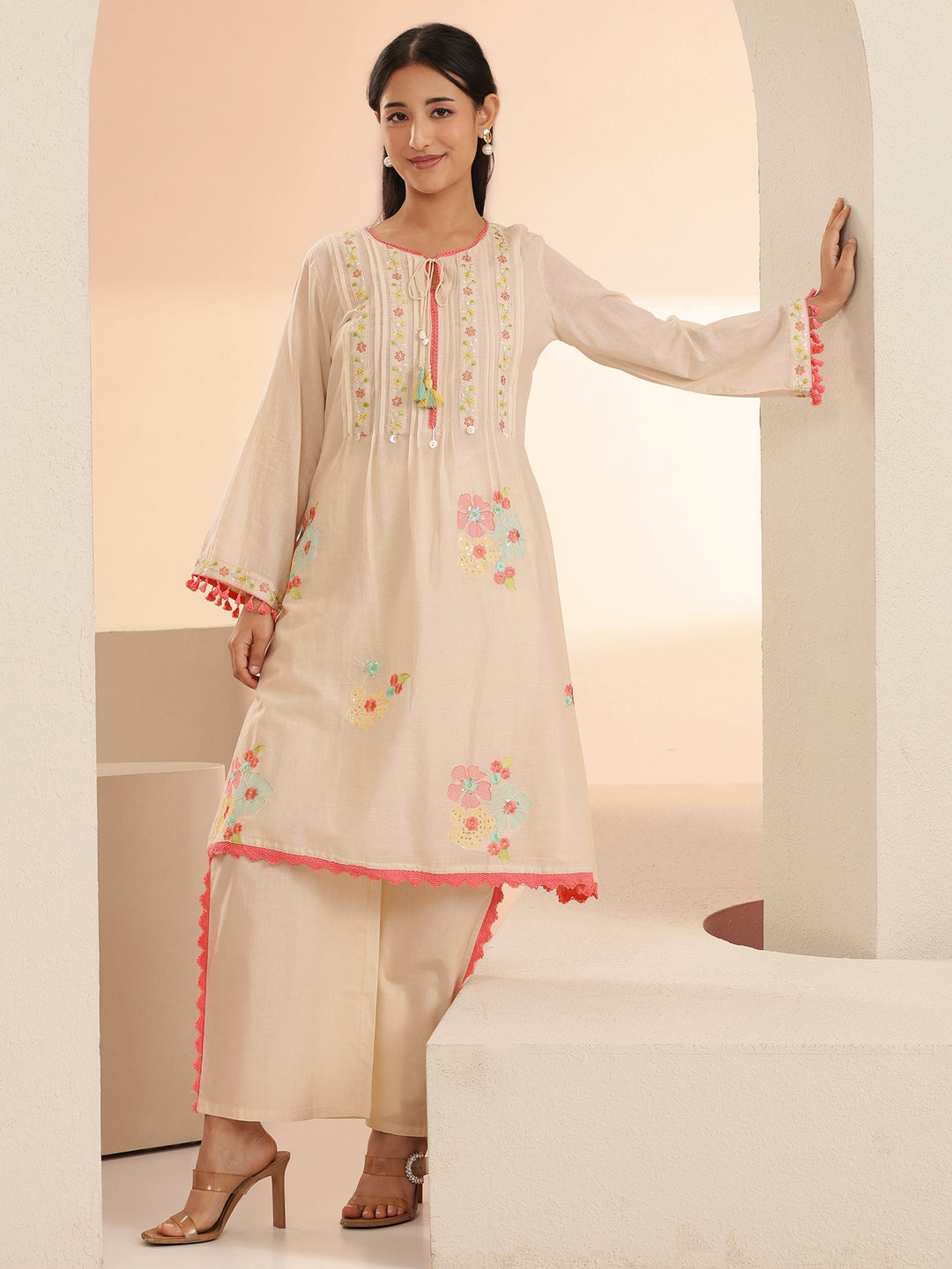 Libas Off White Floral Embroidered Cotton A-Line Kurta Set