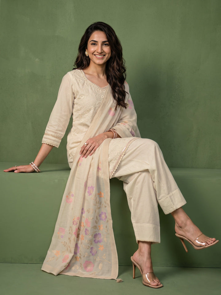 Libas Off White Floral Embroidered Cotton Farshi Salwar Suit