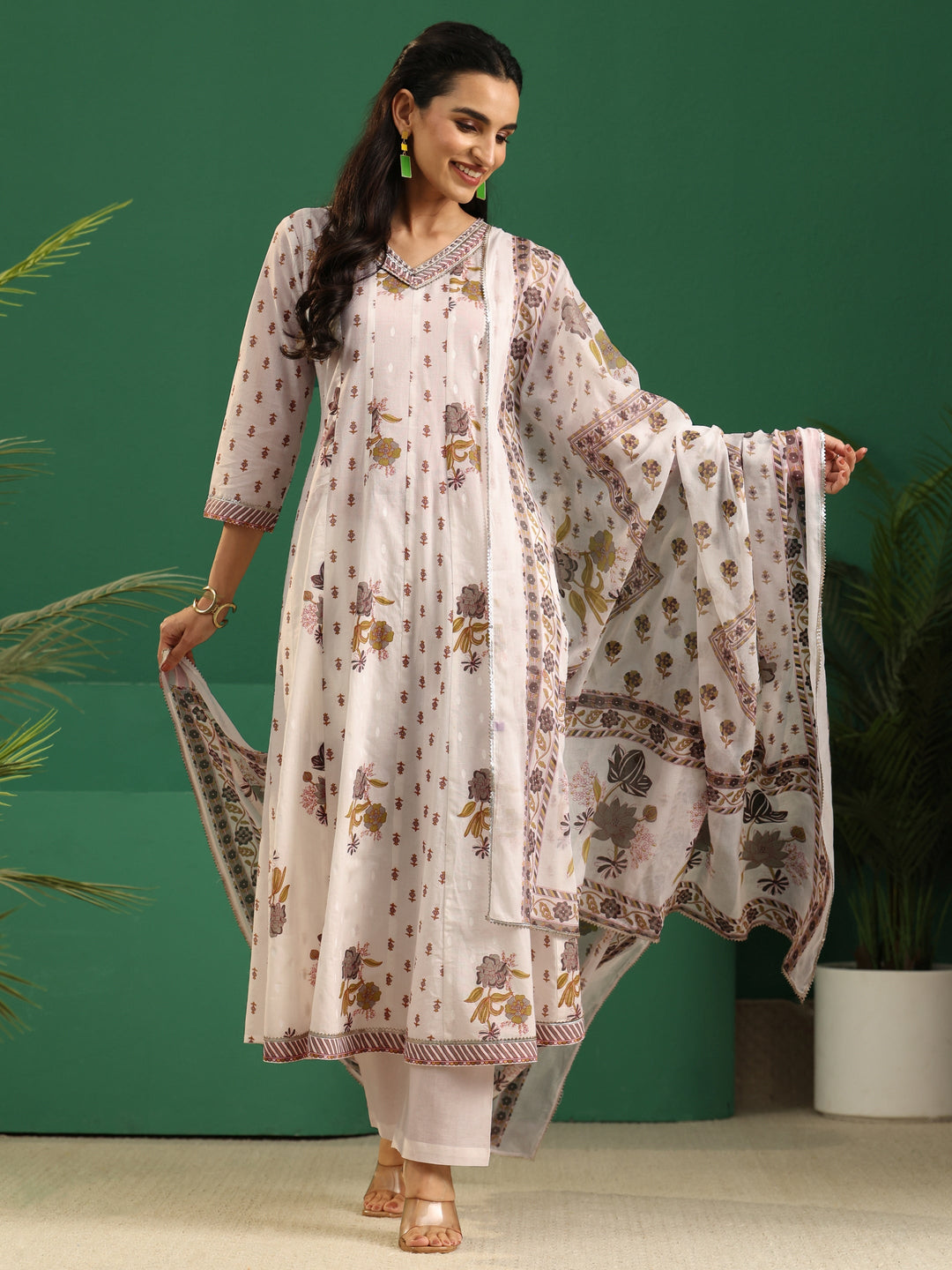 Libas Off White Floral Printed Cotton Anarkali Suit Set