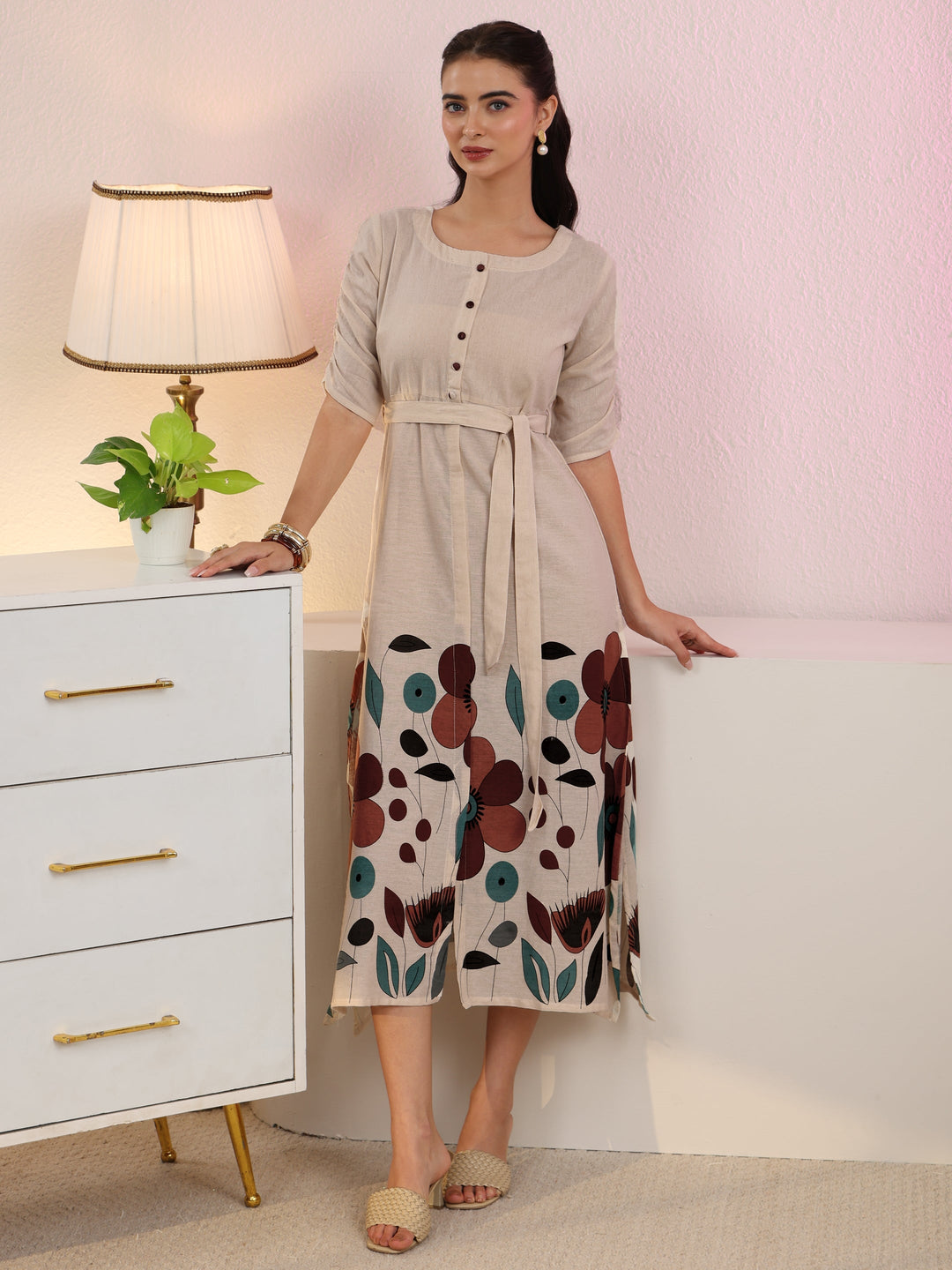 Libas Off White Floral Printed Cotton Blend A-Line Dress