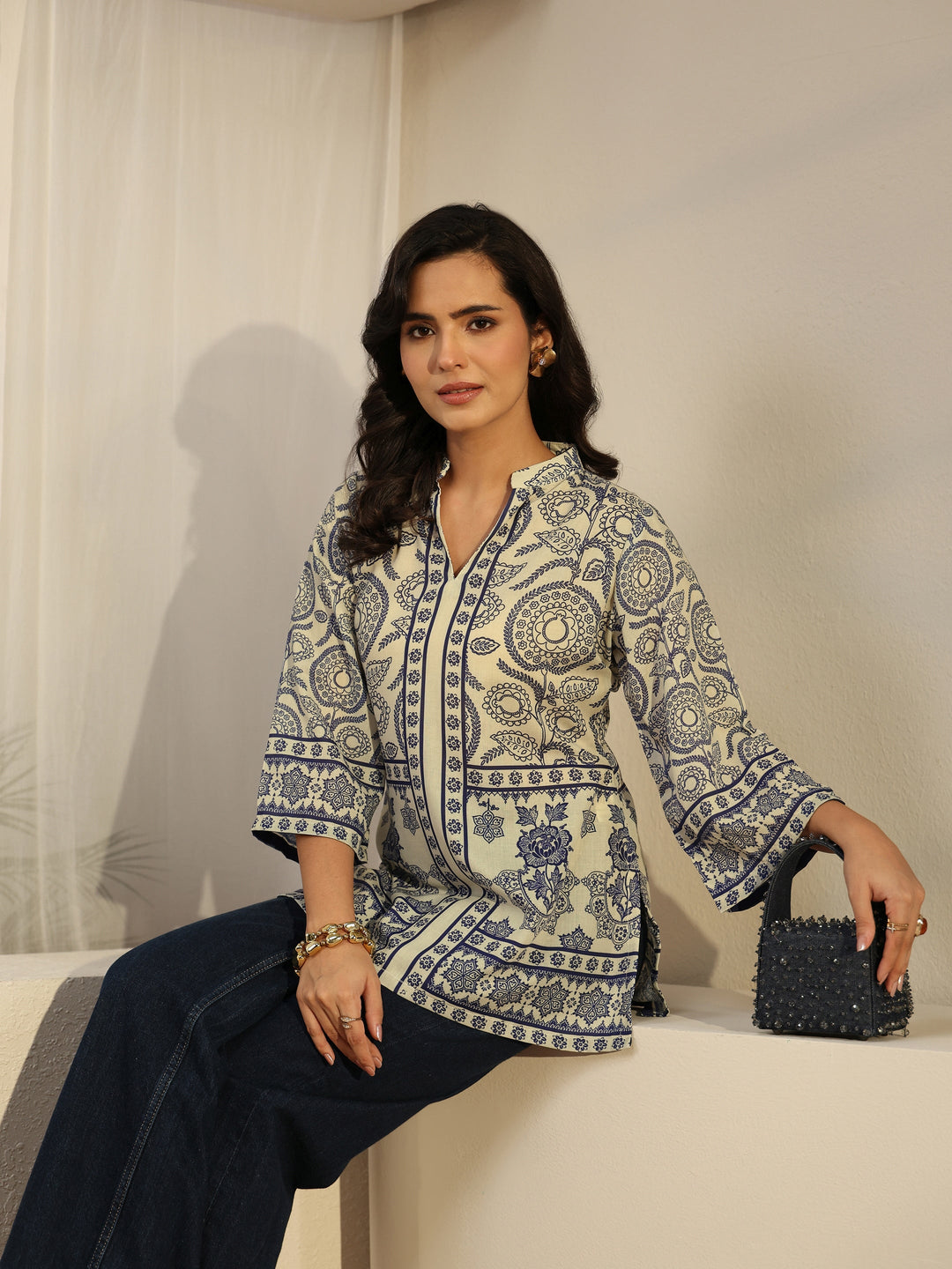 Libas Off White Floral Printed Cotton Blend Short Kurti