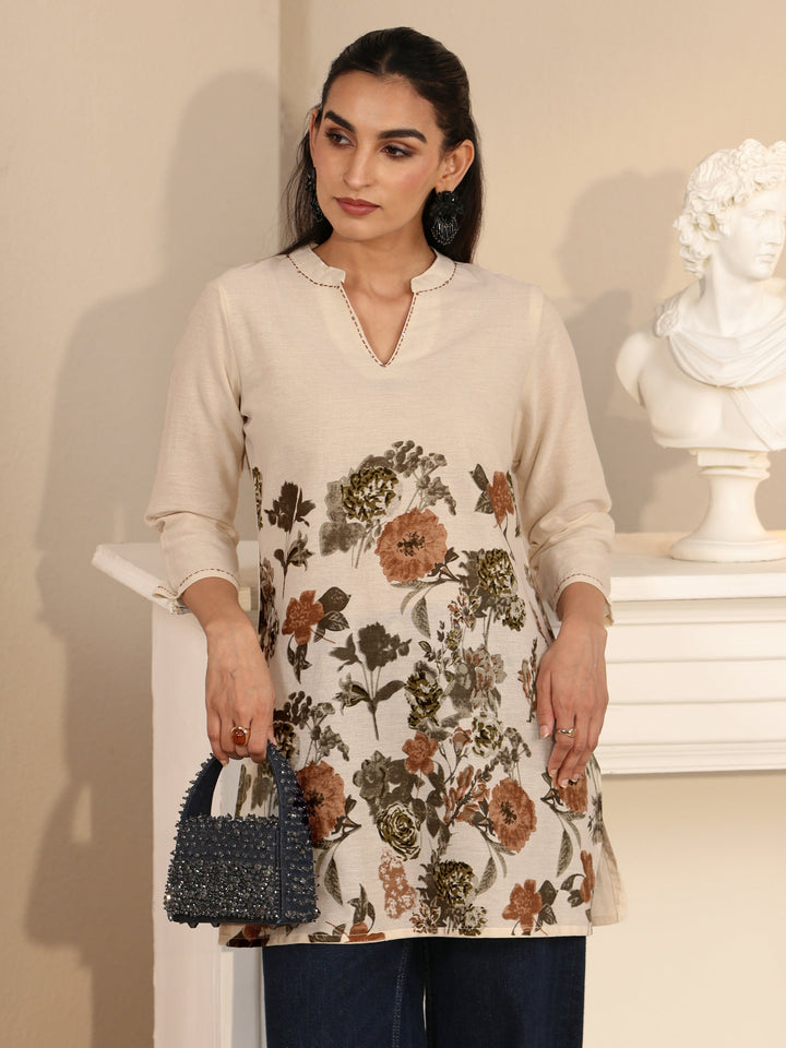 Libas Off White Floral Printed Cotton Blend Short Kurti