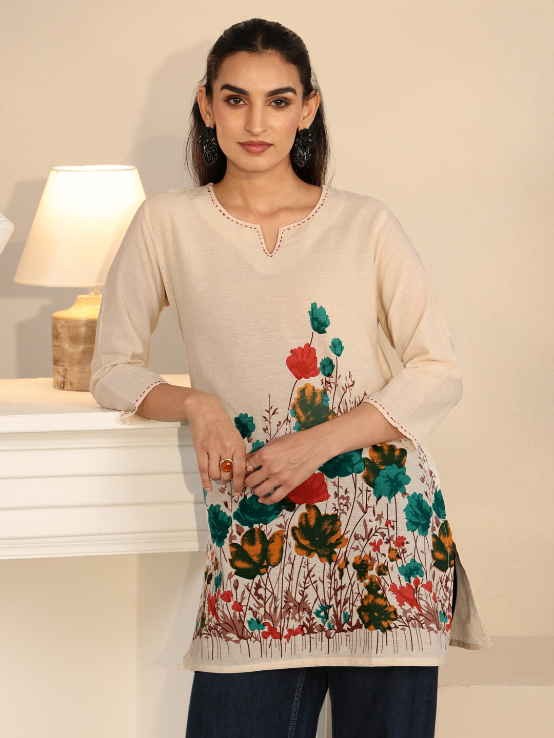 Libas Off White Floral Printed Cotton Blend Short Kurti